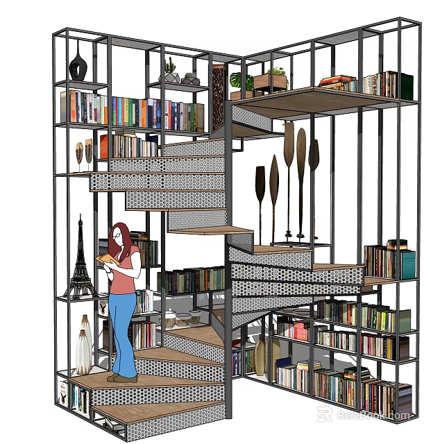 Modern Multi Tiered Bookcase Interior With Spiral Staircase Books Decorations And Green Plants 3d model 