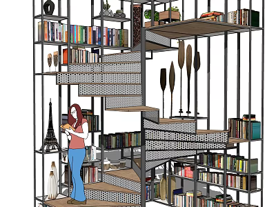 Modern Multi Tiered Bookcase Interior With Spiral Staircase Books Decorations And Green Plants 3d model