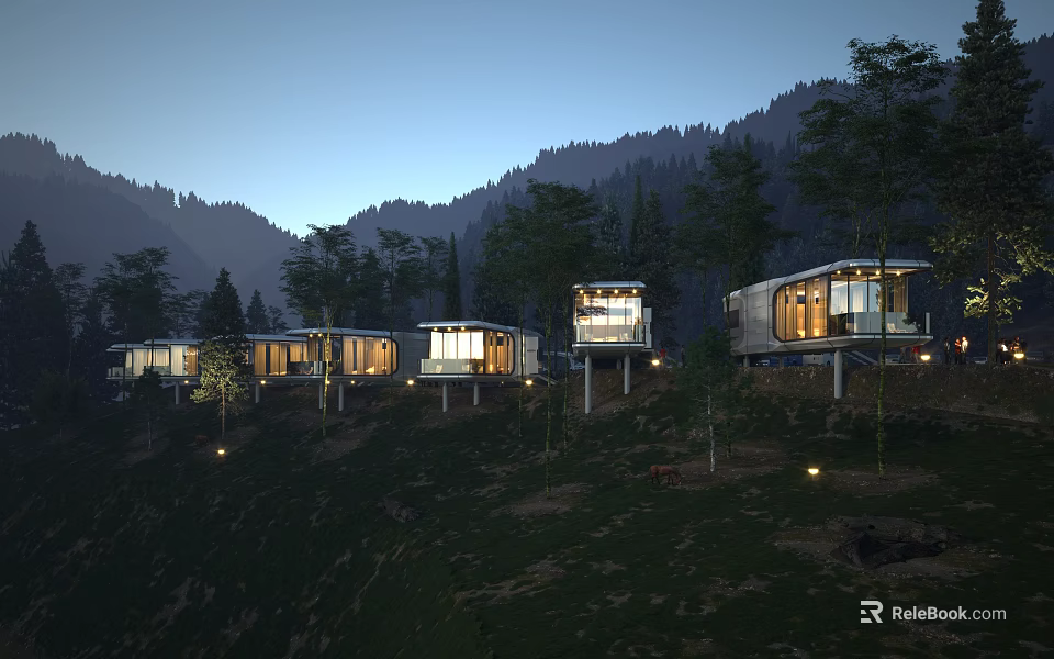 Modern Mountain Guesthouse Buildings on Hillside Surrounded by Trees and Evening Lights 3d model 