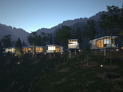 Modern Mountain Guesthouse Buildings on Hillside Surrounded by Trees and Evening Lights 3d model