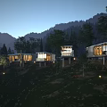 Modern Mountain Guesthouse Buildings on Hillside Surrounded by Trees and Evening Lights