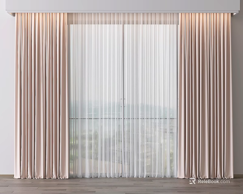 Light Pink Velvet Curtains With Sheer Panels For Floor To Ceiling Windows City View 3d model 