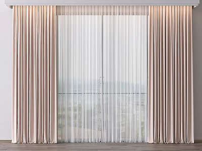 Light Pink Velvet Curtains With Sheer Panels For Floor To Ceiling Windows City View 3d model