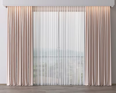 Light Pink Velvet Curtains With Sheer Panels For Floor To Ceiling Windows City View 3d model