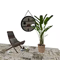 Comfortable Lounge Chair In Room With Potted Plant Round Mirror And Magazines On Rug