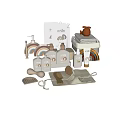 Modern Bathroom Accessories Set With Wooden Brushes Towels And Soap Dispensers