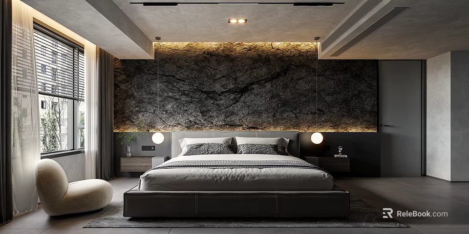 Modern Bedroom Interior Design With Marble Accent Wall Hanging Pendant Lights And Comfortable Bed 3d model 