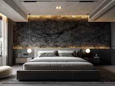 Modern Bedroom Interior Design With Marble Accent Wall Hanging Pendant Lights And Comfortable Bed 3d model