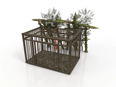 Rustic Metal Frame Cage Structure with Garden Trees and Moss Decor 3d model