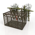 Rustic Metal Frame Cage Structure with Garden Trees and Moss Decor
