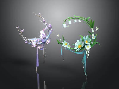 Elegant Household Decorative Hoops With Purple Flowers White Daisies Green Leaves Bells And Tassels 3d model