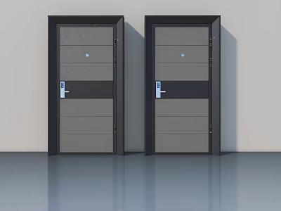 Modern Swing Doors With Black Frame Gray Panels Silver Handle Blue Button 3d model