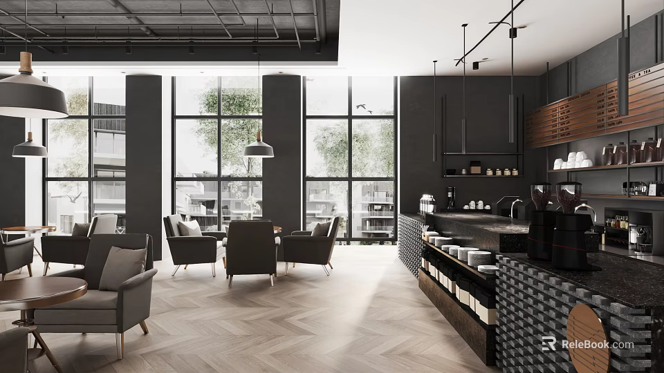 Modern Cafe Interior Design With Open Space Large Windows Gray Sofas Wooden Flooring And Pendant Lights 3d model 