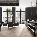 Modern Cafe Interior Design With Open Space Large Windows Gray Sofas Wooden Flooring And Pendant Lights