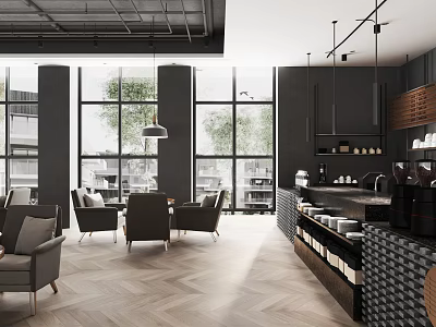 Modern Cafe Interior Design With Open Space Large Windows Gray Sofas Wooden Flooring And Pendant Lights 3d model