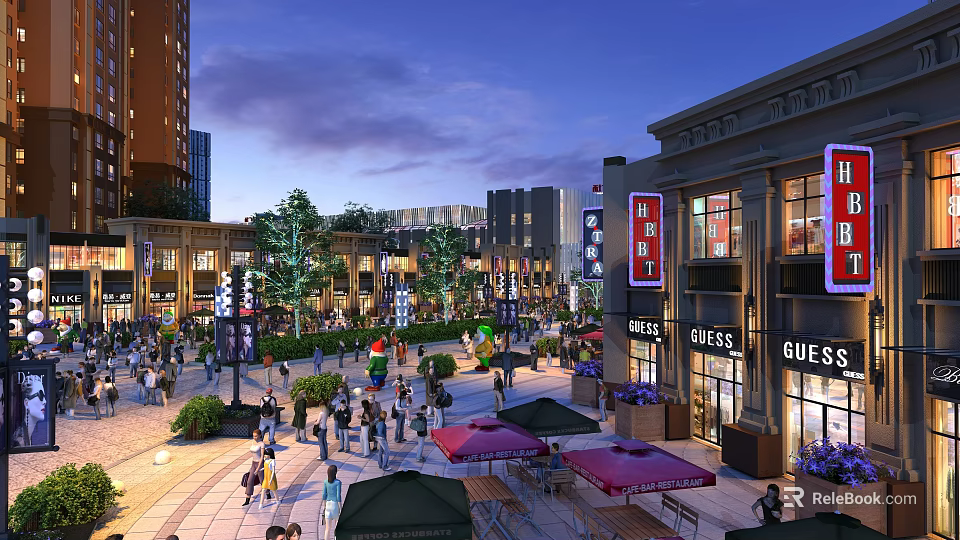 Vibrant Commercial Street With Modern Buildings Crowded Pedestrians Outdoor Tables And Neon Signs At Evening 3d model 