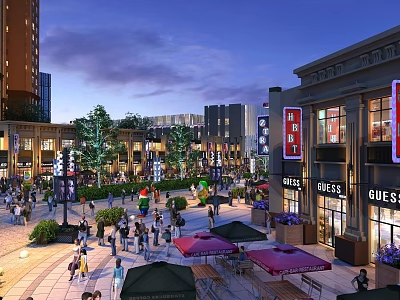 Vibrant Commercial Street With Modern Buildings Crowded Pedestrians Outdoor Tables And Neon Signs At Evening 3d model
