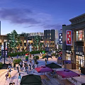 Vibrant Commercial Street With Modern Buildings Crowded Pedestrians Outdoor Tables And Neon Signs At Evening