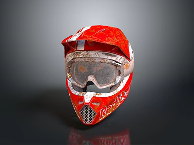 Red Worn Weapon Tactical Helmet With Scratched Goggles And Rossi Logo 3d model