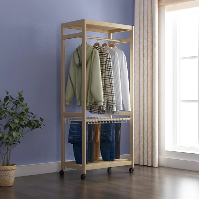 Wooden Rolling Clothes Rack with Hanging Coats Shirts and Pants in Home 3d model
