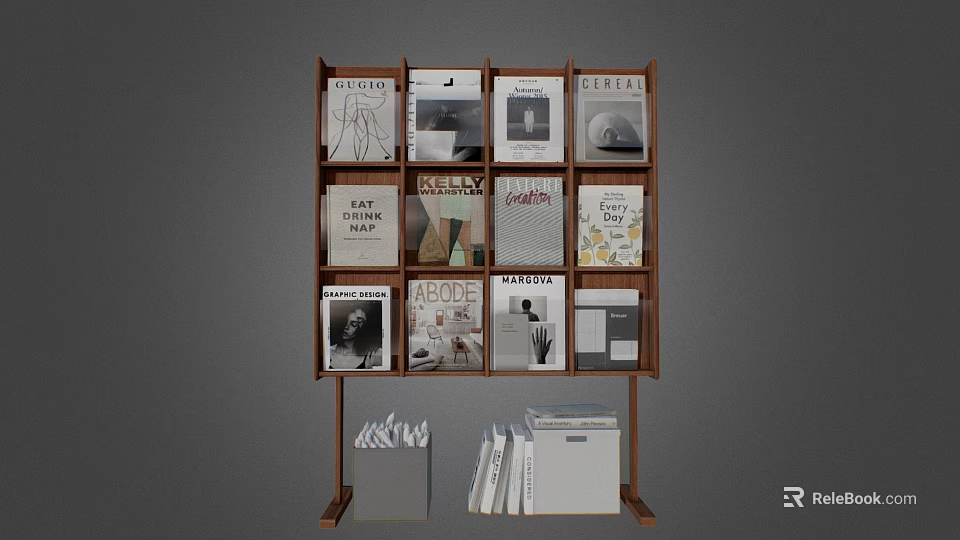 Wooden Bookcase With Layered Shelves Filled With Books Magazines And Storage Boxes 3d model 