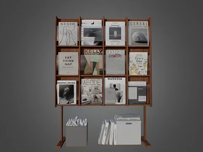 Wooden Bookcase With Layered Shelves Filled With Books Magazines And Storage Boxes 3d model