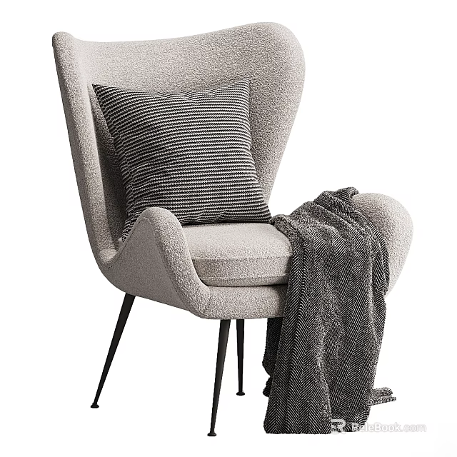Cozy Modern Armchair With Gray Striped Pillow And Gray Blanket On Black Metal Legs 3d model 