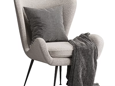 Cozy Modern Armchair With Gray Striped Pillow And Gray Blanket On Black Metal Legs 3d model