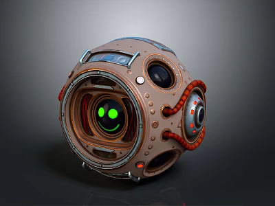 Mechanical Sphere 3D Model With Green Glowing Eyes Red Cables And Metallic Riveted Details Design 3d model