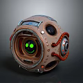 Mechanical Sphere 3D Model With Green Glowing Eyes Red Cables And Metallic Riveted Details Design