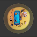 Blue Camper Van With Camping Gear Umbrella Barrel Tire And Rocks
