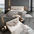 Background Double Bed With Modern Gray Wall Floor to Ceiling Window and Sea View 3d model