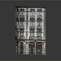 Cartoon Scene of Multi Story Vintage Building with Ornate Balconies Arched Windows and Storefronts