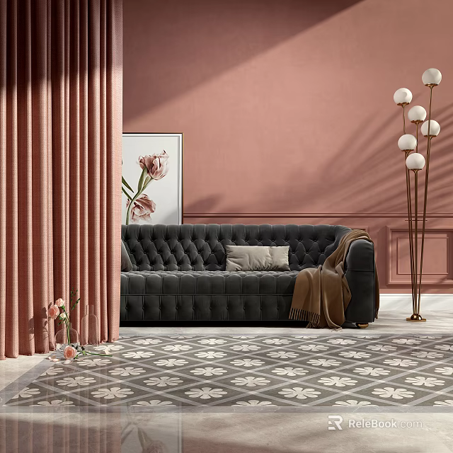 Black Multi Seater Sofa with Cushion Blanket in Pink Wall with Curtains Artwork Patterned Rug 3d model 