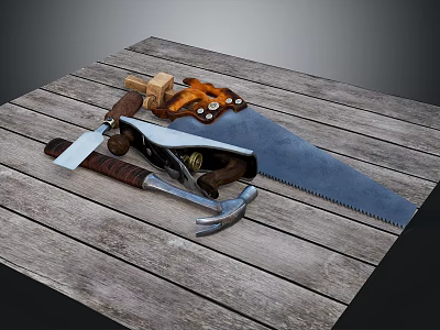 Woodworking Tools Collection With Saw Hammer Plane And Clamps On Wooden Board 3d model