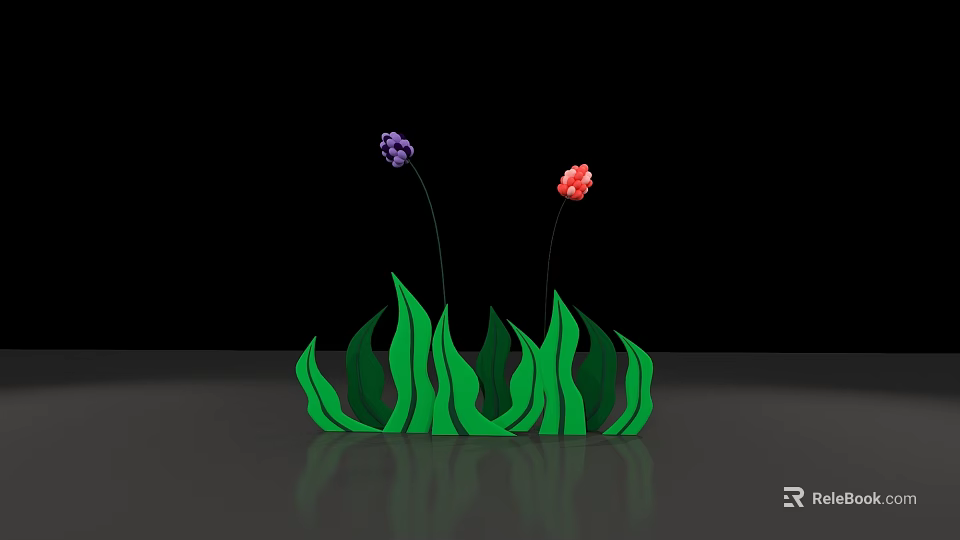 Decorative Green Grass Leaves With Purple And Red Flowers On Black Background 3d model 