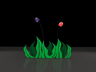 Decorative Green Grass Leaves With Purple And Red Flowers On Black Background 3d model