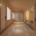 Modern Elevator Hallway With Beige Wall Recessed Lighting Long Bench Flower Bouquet And Floor Lamp