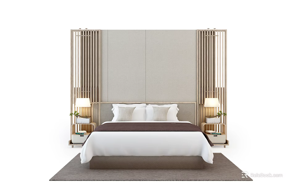 Modern Background Double Bed With Gray Headboard Wooden Panels Nightstands And Lamps 3d model 