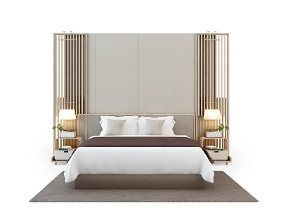 Modern Background Double Bed With Gray Headboard Wooden Panels Nightstands And Lamps 3d model
