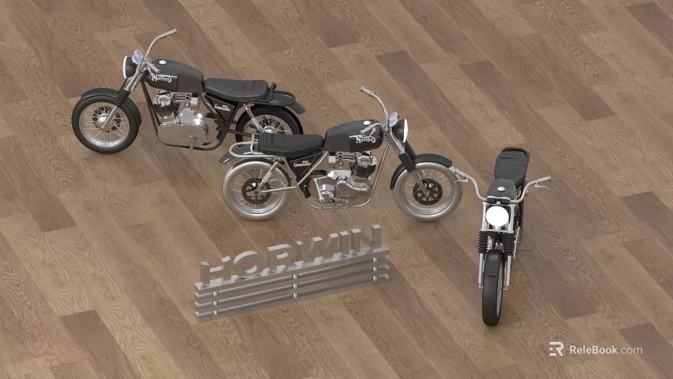 Classic NORWIN Motorcycles Displayed On Wooden Floor With Metal Logo And Three Units 3d model 