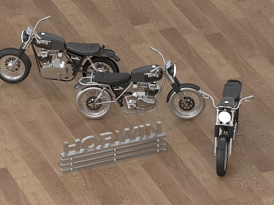Classic NORWIN Motorcycles Displayed On Wooden Floor With Metal Logo And Three Units 3d model