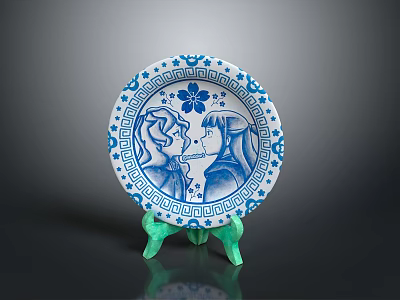 Blue and White Decorative Plate With Floral Border And Two Figure Designs On Green Stand 3d model