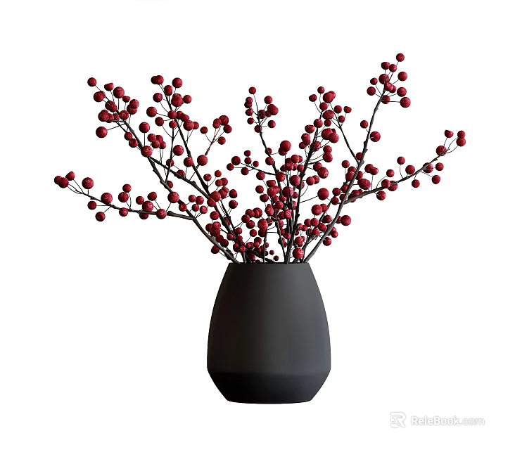 Decorative Black Vase With Red Berries Branches For Modern Indoor Decor 3d model 