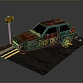 Old Broken Car Covered In Graffiti With Yellow Traffic Sign And Sloped Ground