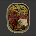 Delicious Pasta Paper Bowl with Corned Beef White Sauce Cherry Tomatoes Chickpeas and Fresh Greens