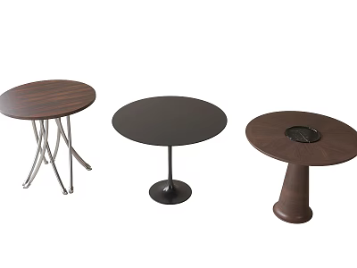 Three Round Tables With Different Designs Wooden Top And Metal Pedestal Bases 3d model