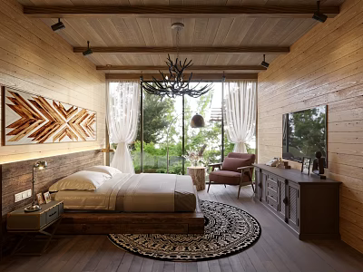 Rustic Boutique Guesthouse Bedroom With Wooden Walls Ceiling And Large Windows Greenery View 3d model