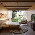 Rustic Boutique Guesthouse Bedroom With Wooden Walls Ceiling And Large Windows Greenery View