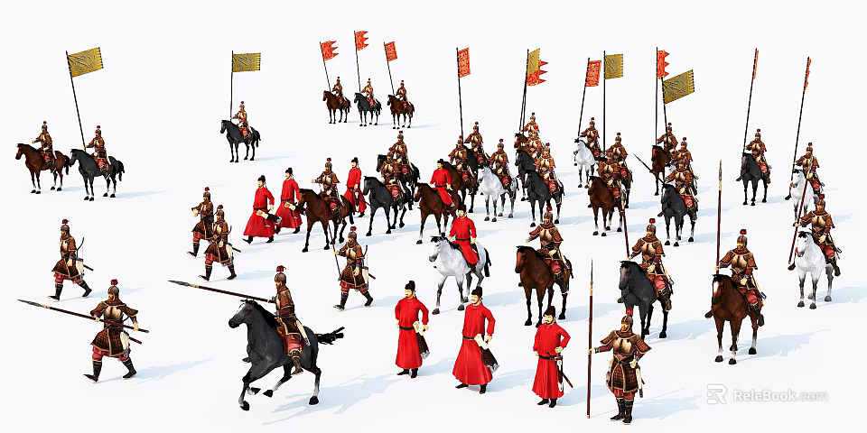 Ancient Military Scene with Soldiers Cavalrymen Flags Red Brown Costumes Horseback and Foot Weapons 3d model 